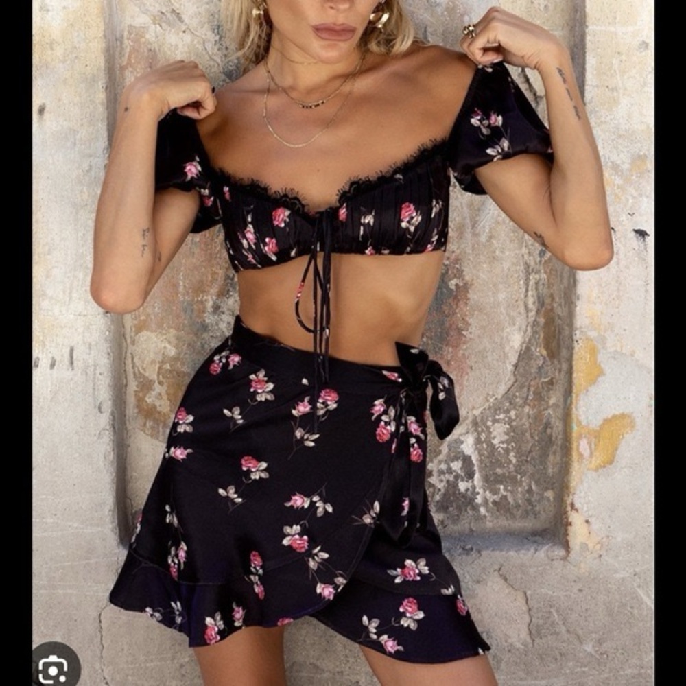 Rat & Boa Black Mini Skirt with Pink Floral Design
